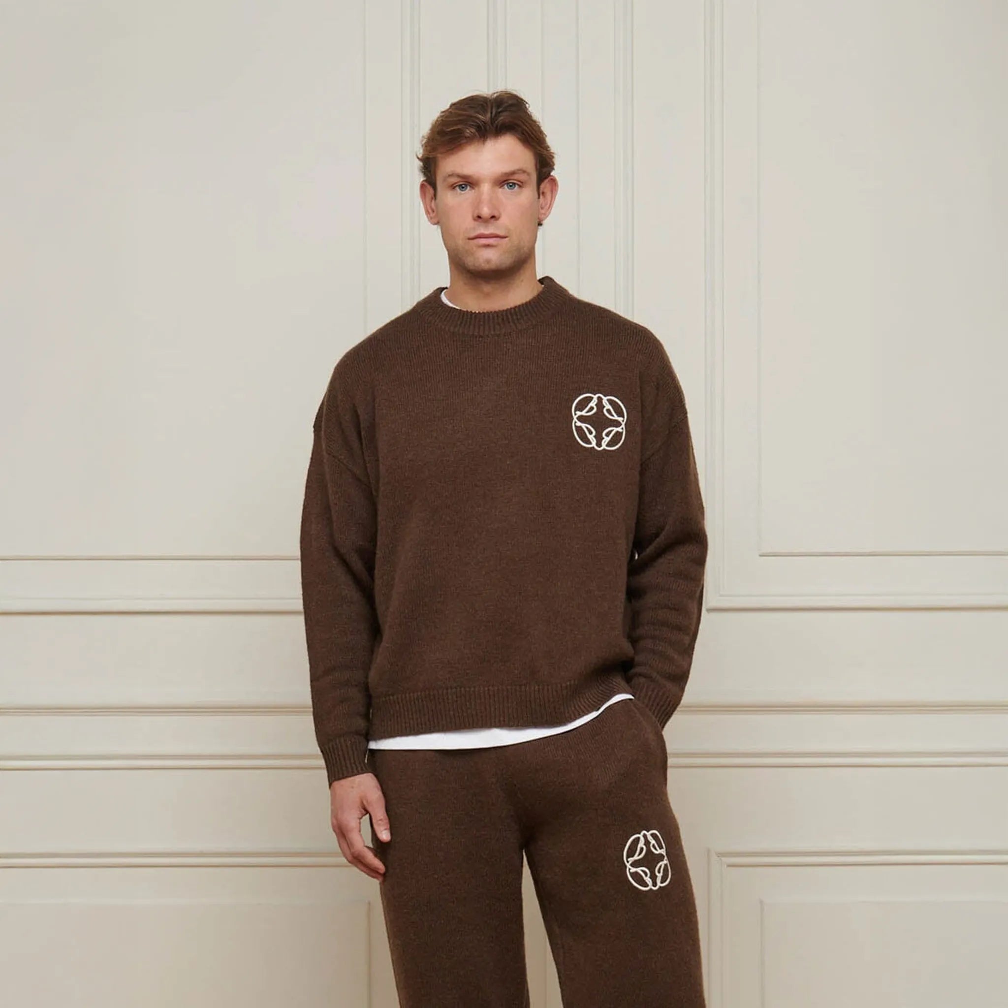 Front View of Belier Cropped Mohair Knit Brown Sweatshirt